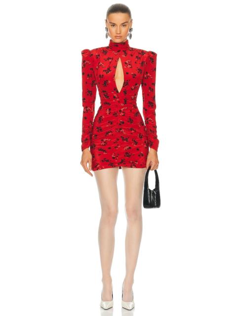 Alessandra Rich ROSE PRINT SILK HIGH NECK DRAPED MINI DRESS