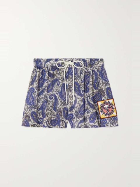 Devi appliquéd paisley-print silk shorts