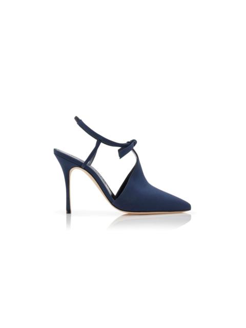 Manolo Blahnik Navy Blue Crepe De Chine Ankle Strap Mules