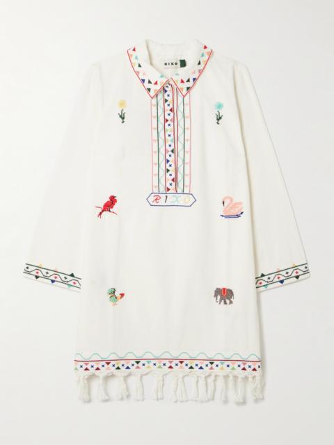 RIXO Astoria Fringed Embroidered Cotton Mini Dress