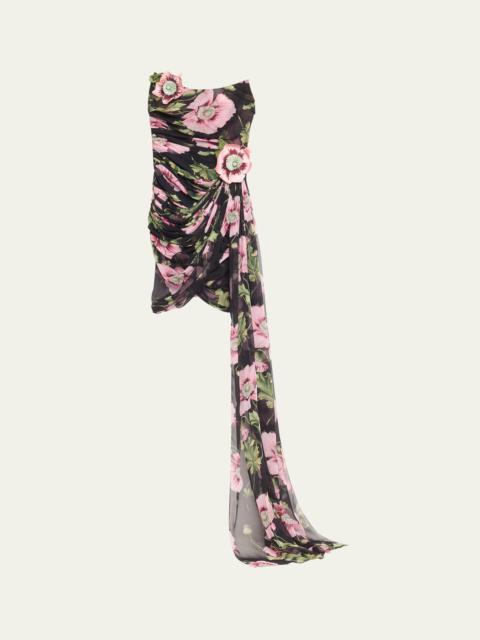 Oscar de la Renta Strapless Poppies Silk Chiffon Draped Mini Dress