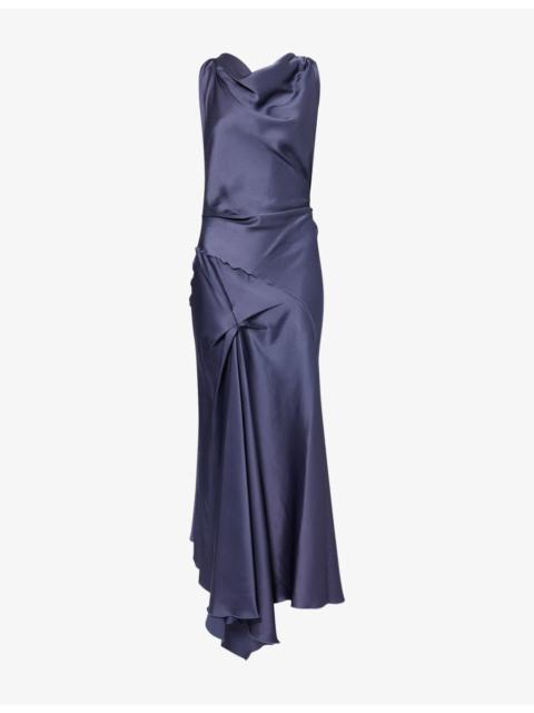 Victoria Beckham Posy Twisted-Shoulder Satin Midi Dress