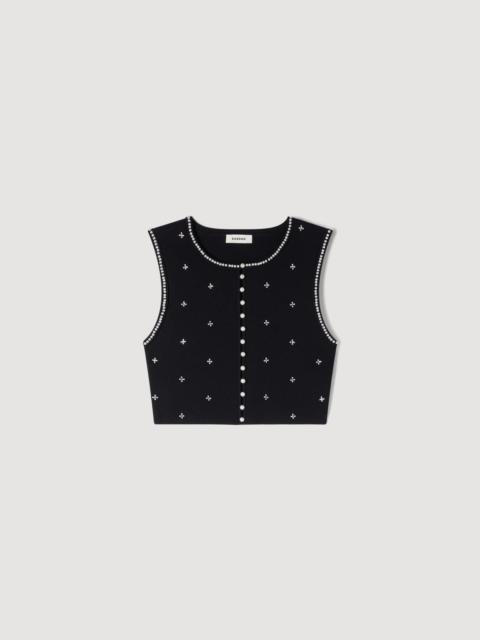 Sandro JEWELLED EMBROIDERED KNIT CROP TOP