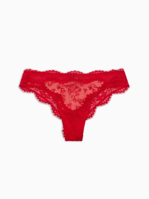 EMPORIO ARMANI MESH BRAZILIAN BRIEFS WITH ALL-OVER HOLIDAYS LOGO EMBROIDERY