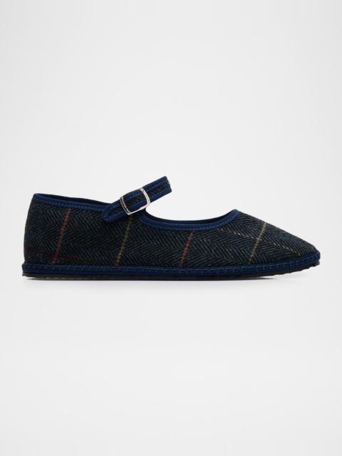 ViBi Venezia Mary Jane Plaid Herringbone Wool-Blend Flats