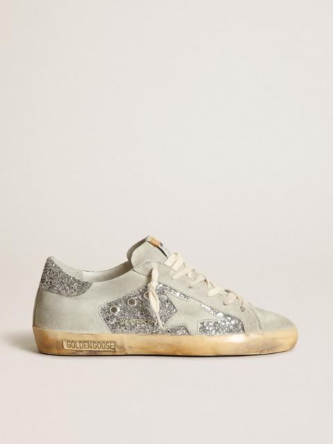 Super-Star sneakers in silver glitter with ice-gray suede star and inserts
