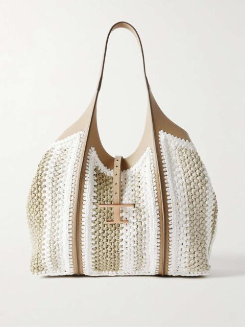 Tod's TSB leather-trimmed crocheted raffia shoulder bag Taupe