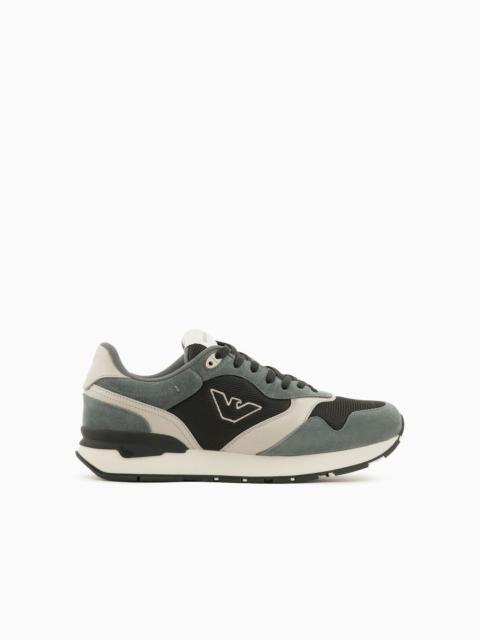 EMPORIO ARMANI Mesh and suede sneakers with side eagle