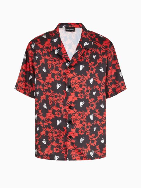 Short-sleeved twill shirt with all-over Mon Amour print