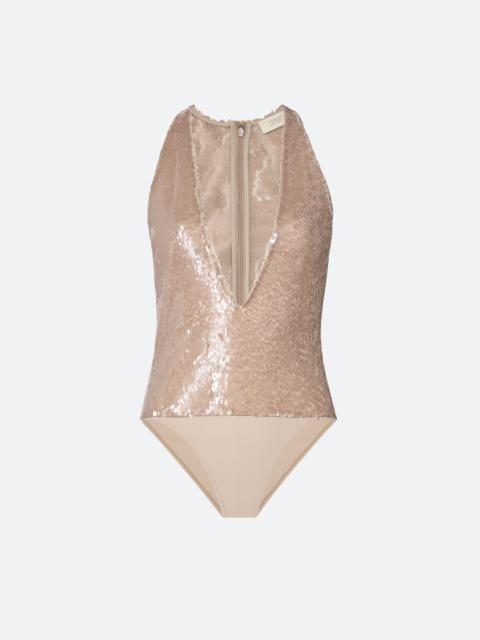 LAPOINTE Sheer Sequin Plunge Neck Bodysuit
