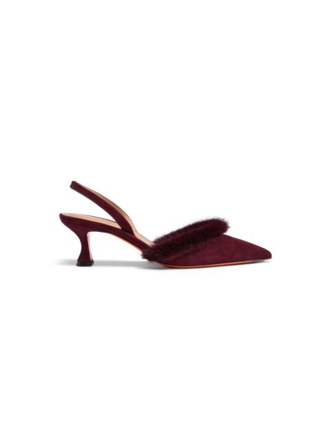 Women's burgundy suede and mink mid-heel slingback