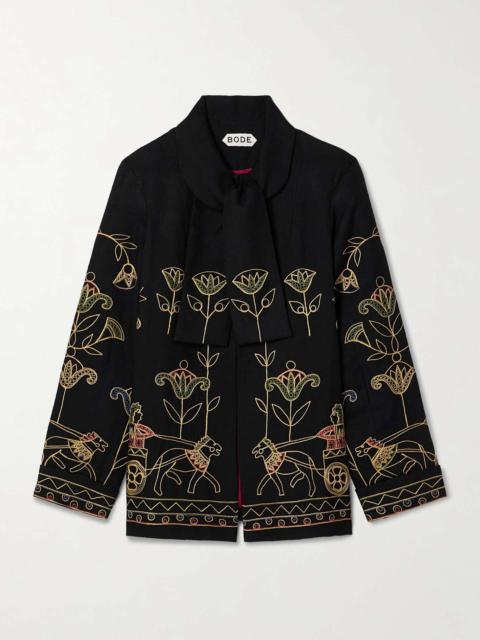 Garden Chariot tie-neck embroidered brushed wool-twill jacket
