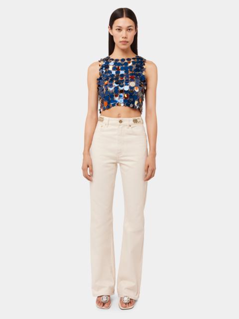 rabanne OFF WHITE DENIM FLARE JEANS WITH ASSEMBLY 1969 DISCS