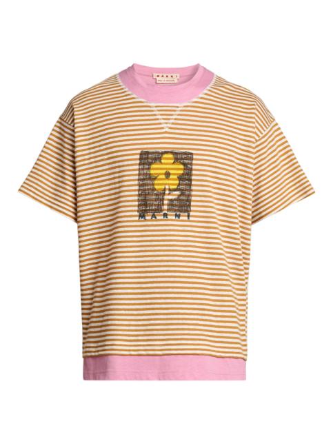 Marni Men's Striped Floral Sketch Linen-Cotton T-Shirt - Mustard