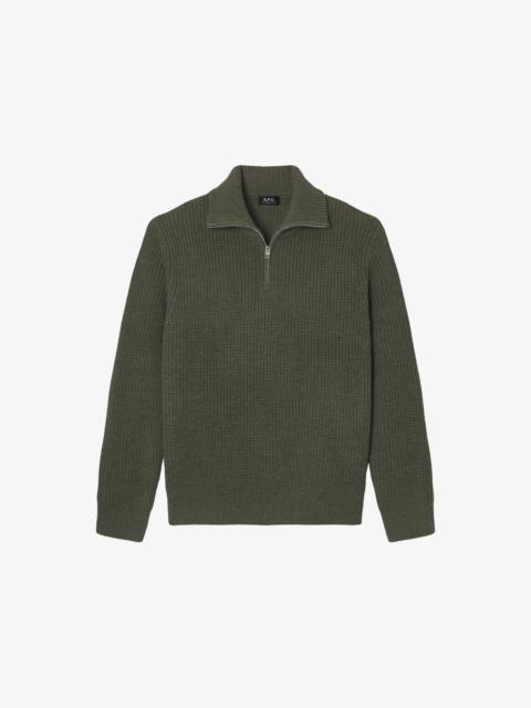 A.P.C. DANIEL TRUCKER SWEATER - KHAKI QUARTER-ZIP SWEATER