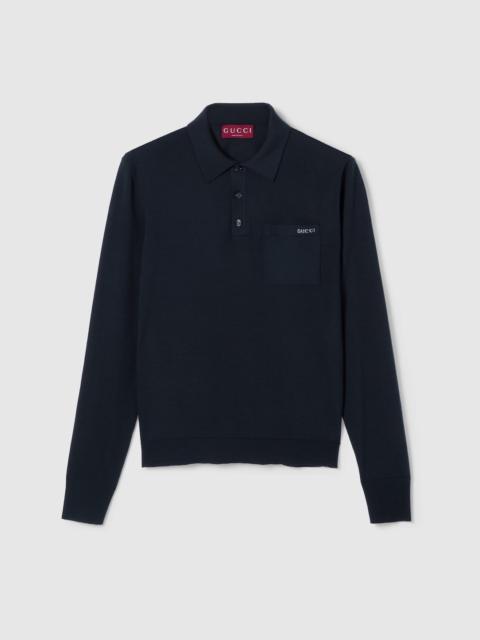 Fine wool knit polo top with intarsia