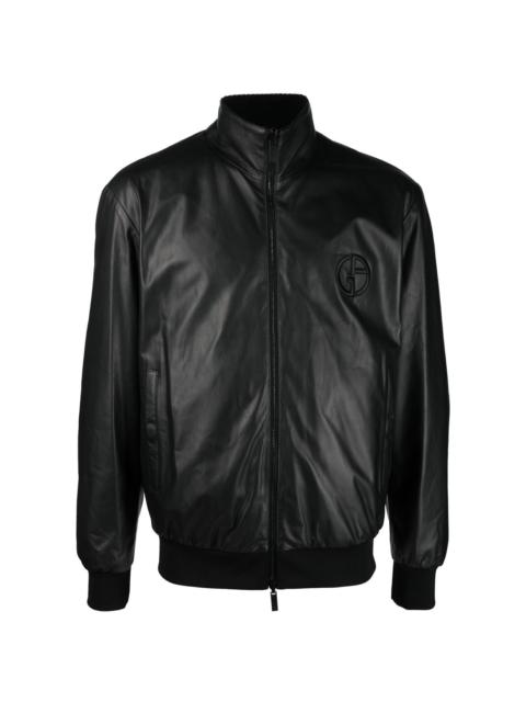 embossed-logo leather jacket