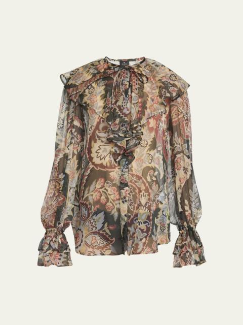 Printed Ruffle Button Down Silk Blouse