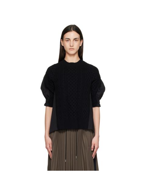 sacai Black Wool Knit x Cotton Poplin Pullover Sweater