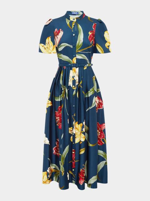 LEO LIN Bianca Pleated Floral-Print Midi Shirtdress