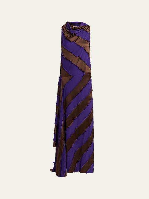 ZANKOV Cowl-Neck Striped Silk Asymmetric Maxi Dress