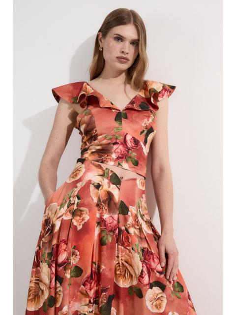 KAREN MILLEN Linen Viscose Floral Printed Woven Ruffle Detail Top