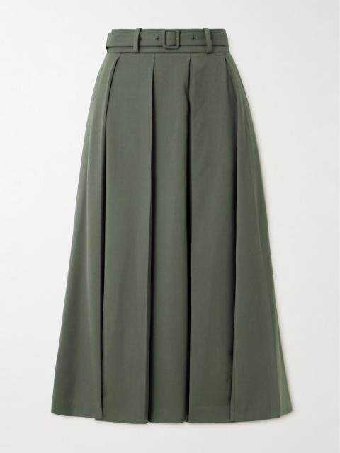 PATOU Belted Pleated Stretch-wool Twill Midi Skirt
