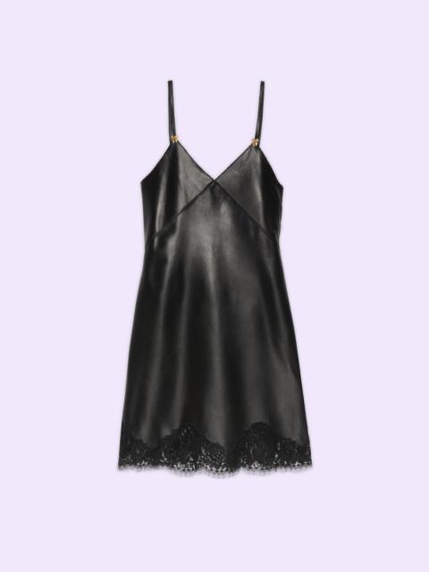 GUCCI Leather slip dress with lace