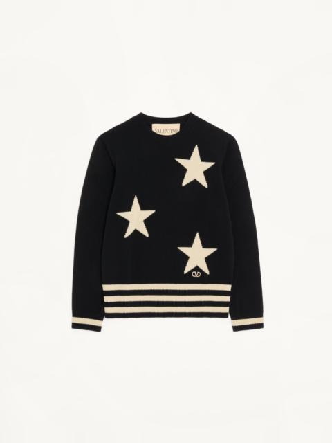 Valentino VALENTINO WOOL CREWNECK SWEATER WITH STAR MOTIF AND VLOGO EMBROIDERY