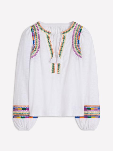 BODEN Notch Neck Embroidered Top-White Multi Embroidery