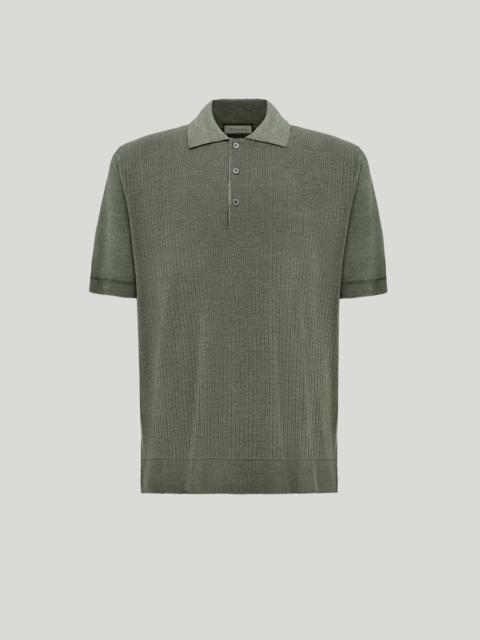 Canali OLIVE GREEN WOOL AND SILK FLAT-RIB POLO SHIRT