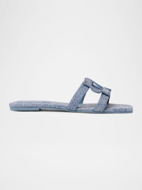 SIMKHAI Monogram Denim-Printed Leather Slides
