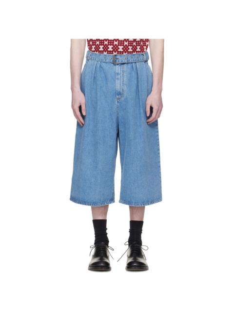 Dries Van Noten Blue Pleated Denim Shorts