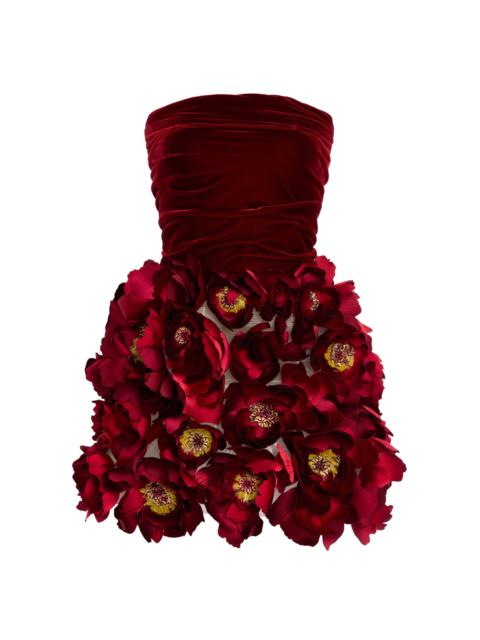 Floral-Appliquéd Velvet Mini Dress red