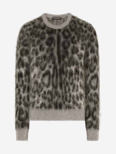 Wool/mohair jacquard round-neck sweater with leopard design