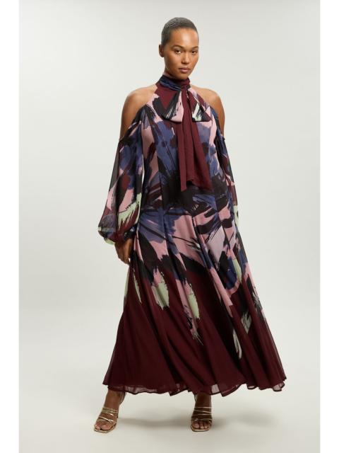 KAREN MILLEN Plus Size Photographic Floral Crinkle Georgette High Neck Cold Shoulder Woven Maxi Dress