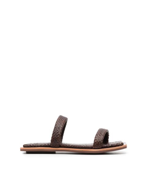 two strap woven leather slides