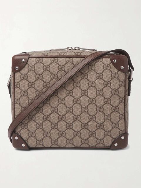 GUCCI Studded Leather-Trimmed Monogrammed Coated-Canvas Messenger Bag