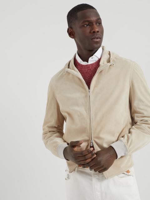 Brunello Cucinelli Suede sweatshirt with hood, zipper and knit inserts