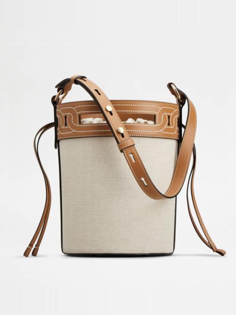 Tod's TOD'S KATE BUCKET BAG IN LEATHER AND CANVAS SMALL - BEIGE, BROWN