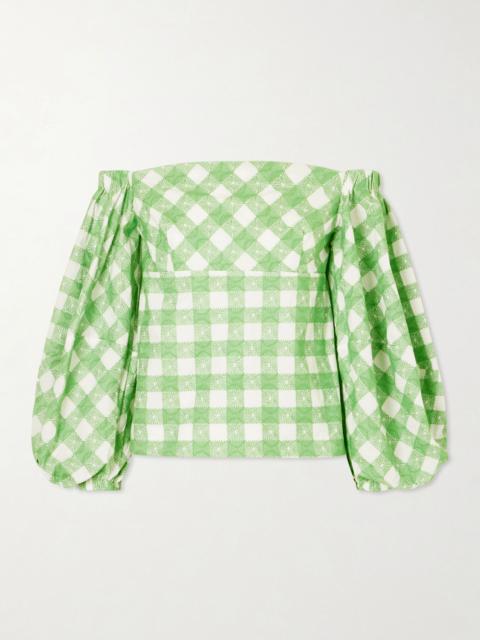 ROSIE ASSOULIN Empire Balloon off-the-shoulder checked cotton blouse Green