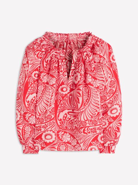 BODEN Serena Pleat Neck Linen Top-Red, Enchanted Paisley Mono