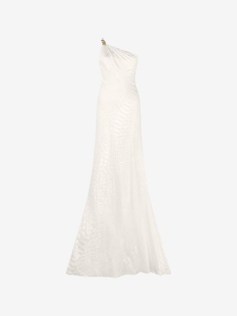 Roberto Cavalli White One-Shoulder Dress with Scale Print