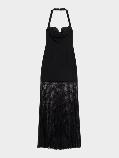 REBECCA VALLANCE Milena Pleated Floral Lace Halter Gown