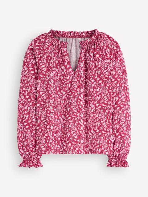 BODEN Pia Ruffle Detail Top-Red Bud, Scattered Flora