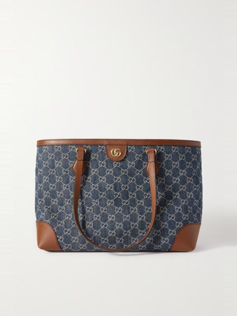 GUCCI Ophidia glossed leather-trimmed denim-jacquard tote