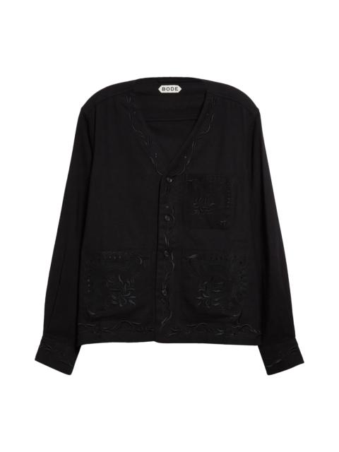 BODE Dumas Embroidered V-Neck Wool Button-Up Overshirt