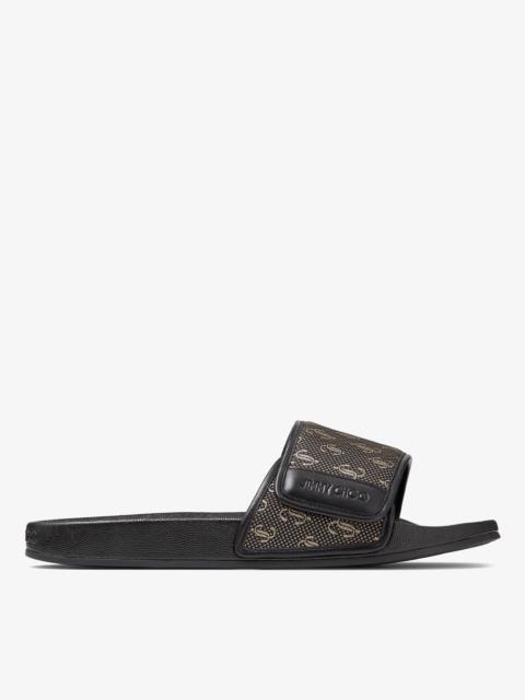 JIMMY CHOO Fitz/M
Black and Gold JC Monogram Jacquard Lurex and Nappa Leather Slides