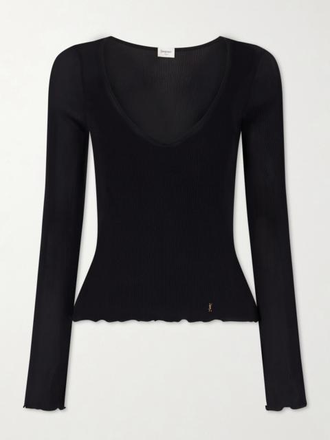 SAINT LAURENT Guipure Lace-trimmed Ribbed-silk T-shirt