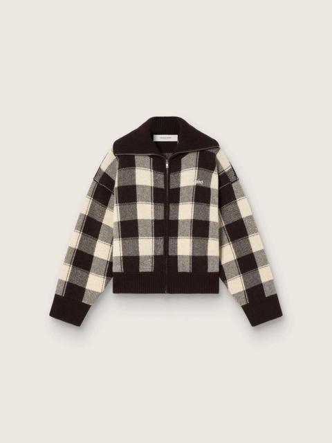 Golden Goose Women's bomber jacket in dark brown and cream check jacquard wool